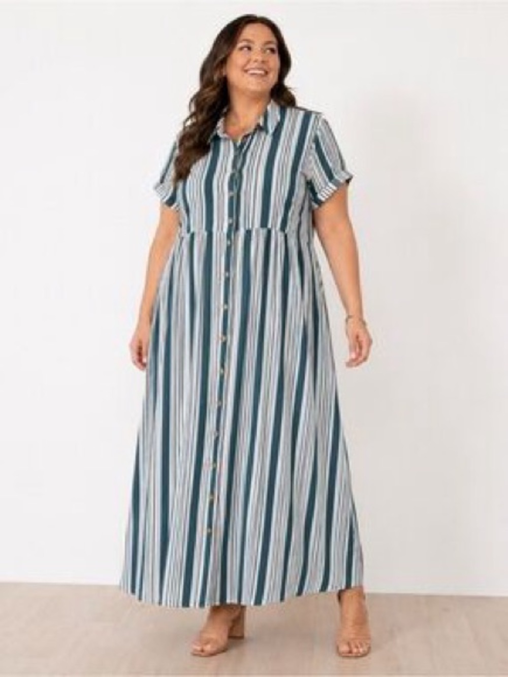 Torrid Striped Button-Front Maxi Dress in Teal and White